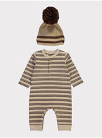 Load image into Gallery viewer, Beige Striped All In One and Bobble Hat Set