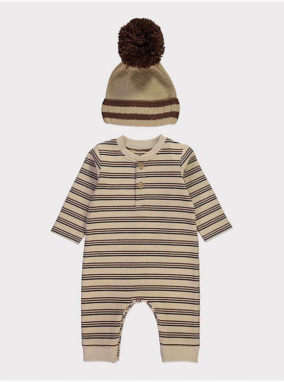 Beige Striped All In One and Bobble Hat Set