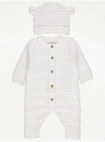 Load image into Gallery viewer, White Striped Knitted All In One and Hat Outfit
