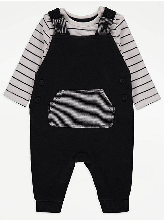 Black Stripe Bodysuit and Dungarees Outfit