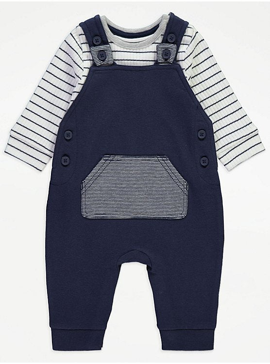 Navy Stripe Bodysuit and Dungarees Outfit