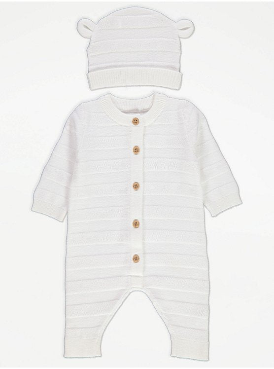White Striped Knitted All In One and Hat Outfit