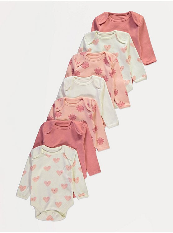 Pink Flower Heart Long Sleeve Bodysuits 7 Pack