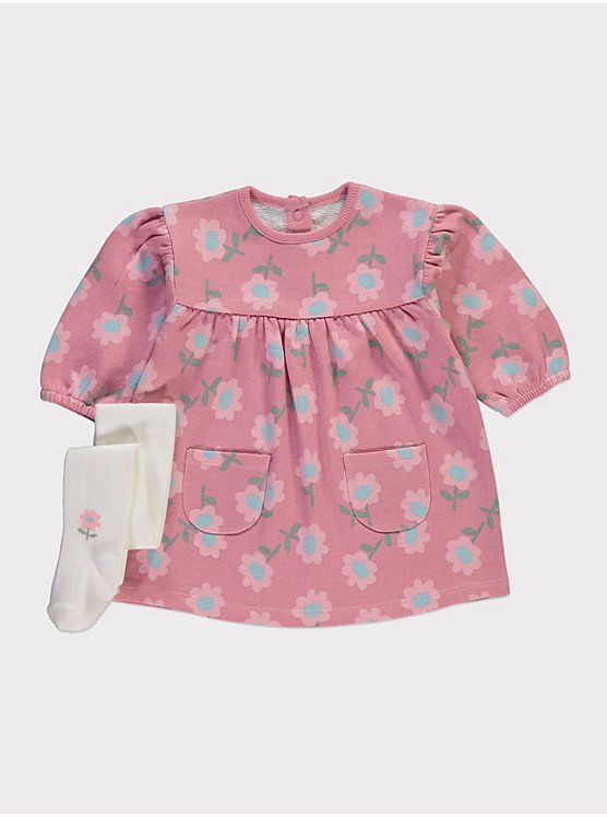 Pink Floral Sweatshirt Dress and Tights