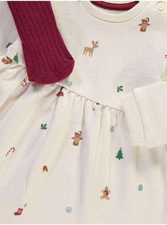 Christmas Cream Sweatshirt Dress and Tights Outfit