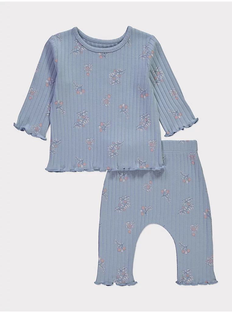 Blue Floral Ribbed Long Sleeve Top and Leggings Set
