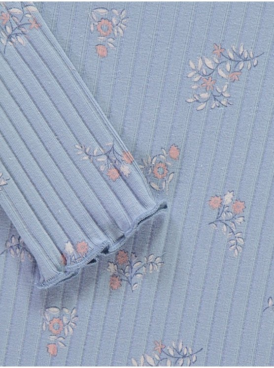 Blue Floral Ribbed Long Sleeve Top and Leggings Set