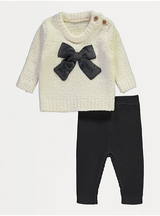 Cream Knitted Bow Jumper and Grey Ribbed Leggings