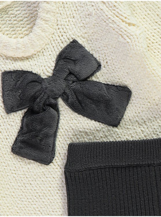Cream Knitted Bow Jumper and Grey Ribbed Leggings